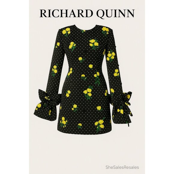 RARE Richard Quinn Women’s Floral Polka Dot Satin Mini Dress Beaded Bow Sleeve U - Picture 1 of 12